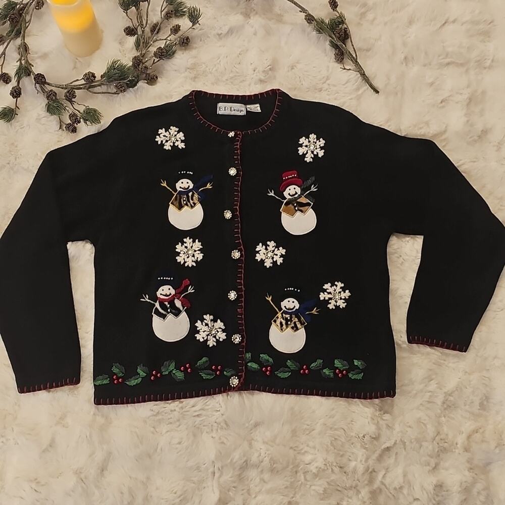 BP Design Black Snowman Ugly Christmas Embroidered Sweater Cardigan Womens M EUC
